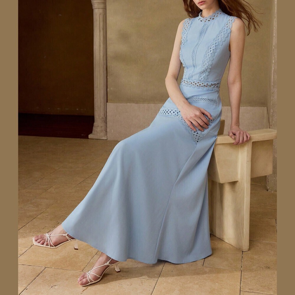 Dusty Blue Crochet Lace Trim Sleeveless Maxi Dress - Picture 5 of 7